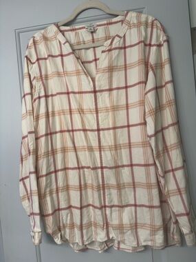 L.L. Bean Cream Plaid Tunic Top with Rust and Tan Stripes